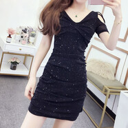 彩木夏秋夏季新款顯瘦性感長(cháng)袖ins短裙子v領(lǐng)包臀連衣裙女裝 黑色【夏露肩9118款】 M 95-103斤