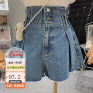 秋水月色伊人2024夏季新款韓版高腰系扣水洗毛邊寬松百搭牛仔短褲女顯瘦熱褲潮 深藍色 S 【建議80-95斤】