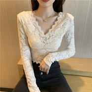 瑟空（SEKONG）2025春秋新款蕾絲打底衫透視感網(wǎng)紋小衫女設計感修身長袖上衣WMN 純欲風杏色蕾絲 S