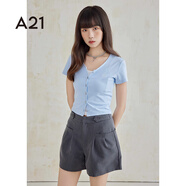 A21女裝修身拼接兩件套短袖T恤夏季假兩件開衫上衣 天藍(lán) S