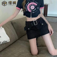 漫佩 歐美辣妹牛仔半身裙女裝夏季2022年新款短裙防走光a字包臀裙子 黑色 【防走光ku裙】 S
