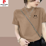 皮爾卡丹（pierre cardin）灰色半高領(lǐng)短袖t恤女純·棉夏季打底衫歐貨半袖上衣寬松體恤衫ins 卡其色-小笑臉 XL