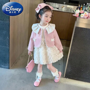 迪士尼（Disney）女童秋裝連衣裙2024新款兒童蓬蓬公主裙洋氣寶寶皮衣裙子套裝春秋 粉紅色 皮衣裙套裝 90