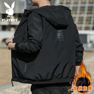 花花公子（PLAYBOY）秋冬季夾克男士外套加絨厚連帽寬松休閑春工裝褂子沖鋒上衣服男裝 43黑色-加絨 加厚 M