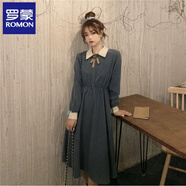 羅蒙（ROMON）紅色長(cháng)袖連衣裙女秋冬裝新款溫柔初戀小個(gè)子長(cháng)裙復古氣質(zhì)顯瘦裙子 藍色 XL
