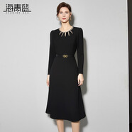 海青藍(lán)（CYANINE SEA）簡(jiǎn)約氣質(zhì)通勤長(zhǎng)袖連衣裙2024秋季新款釘珠鏤空領(lǐng)口設(shè)計(jì)顯瘦裙子 黑色 M