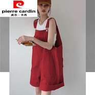 皮爾卡丹（pierre cardin）紅色大尺碼工裝牛仔背帶短褲女小個(gè)子秋款寬松高腰顯瘦闊腿褲套 紅色背帶褲 白色背心 S 【85-110斤】