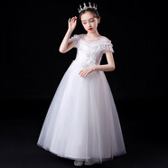 布戀貓秋季主持人禮服女童公主裙中大童女孩白紗裙蓬蓬4-13歲學(xué)生婚紗花 白色長(zhǎng)款 150 cm