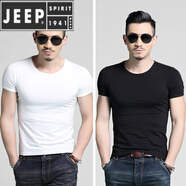 JEEP SPIRIT/吉普2件】夏季短袖男士T恤緊身修身半袖男生上衣服韓版潮流體恤 短 袖圓領(lǐng)白色+圓領(lǐng)黑色 175/L