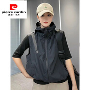 皮爾卡丹（pierre cardin）雙層帶網(wǎng)新款薄款馬甲復古風(fēng)連帽運動(dòng)馬夾女休閑無(wú)袖坎肩顯瘦女裝 黑色(2306)斜口袋 高品質(zhì)   薄款 M 85-115斤