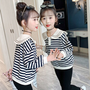 艾諾輪女孩衛衣10-15歲上衣中大女童中小學(xué)生少女生兒童長(cháng)袖秋衣春秋天季款裝網(wǎng)紅女孩條紋洋氣秋裝衣服 615【黑白條紋】 140【建議140cm以下】
