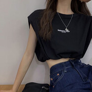 樵廿無(wú)袖上衣女士短袖設計感夏季薄款t恤少女學(xué)生韓版百搭大碼打底衫 I22-713無(wú)袖松緊黑色 M86-105斤