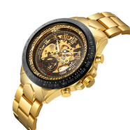 歐綺娜（MG.ORKINA MG）手表男士鏤空自動(dòng)機械表大表盤(pán)時(shí)尚鋼帶男表防水夜光腕表 黑殼黑面金鋼帶