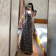 米詩(shī)德（MISHIDE）170高個(gè)子連衣裙加長(cháng)175拖地長(cháng)裙到腳踝沙灘裙法式碎花吊帶沙灘裙 [黑色 4045kgS