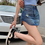 蘭威費(fèi)雷夏季破洞迷你牛仔裙女春夏高腰顯瘦短內(nèi)襯包臀半身裙潮 藍(lán)色 0206【自留款】 5XL 【175-200斤】