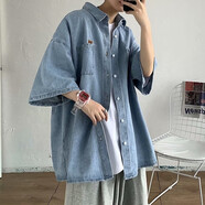 楠子漢刺繡牛仔七分袖襯衫男港風(fēng)夏季潮流寬松襯衣感休閑外套痞帥上衣 藍(lán)色 XL