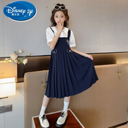 迪士尼（Disney）女童jk學(xué)院風(fēng)裙子兒童夏裝假兩件洋氣中大童英倫風(fēng)襯衫連衣裙 藏青色 160 cm 建議身高150-155