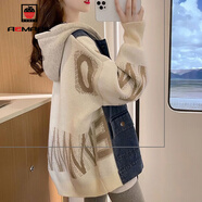 AEMAPE外套女2025春秋冬季新款衛衣連帽牛仔拼接毛衣短外套女上衣 米白色 3XL _160-180斤