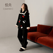 悅內睡衣女士秋冬款冬季珊瑚絨加絨加厚毛絨家居服冬天保暖可外穿套裝 24311雅黑色 L (165) 【體重110-120斤】