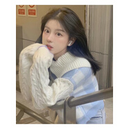 奶糯風(fēng)毛衣女日系慵懶風(fēng)復古軟糯系女2021新款設計感chic秋冬小眾寬松上衣 藍白格子 M