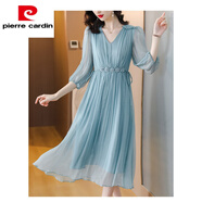 皮爾卡丹（pierre cardin）夏季真絲長袖女裝連衣裙子春秋高檔2025新款雪紡高端精致長裙垂墜 藍(lán)色 XL