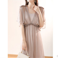 歐麥圖（OVMATTU）新品 女裝真絲連衣裙中長(zhǎng)款2023年新款高端修身蠶絲度假仙女長(zhǎng)裙 藕色 L