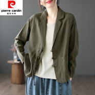 皮爾卡丹（pierre cardin）國風(fēng)復古盤(pán)扣亞麻西裝領(lǐng)外套女春秋純色寬松休閑薄款棉麻西服上衣 綠色 M 【95-115斤】