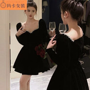 NJTD高端晚禮服小黑裙名媛收腰鑲鉆方領(lǐng)赫本絲絨連衣裙女秋冬天蓬蓬裙 2006 S 建議80-90斤
