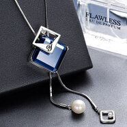 查克拉毛衣鏈長(cháng)款珍珠流蘇時(shí)尚百搭高檔裝飾水晶項鏈吊墜衣服掛件 白金藍色