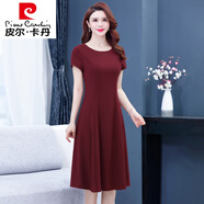 皮爾卡丹（pierre cardin）中年雪紡連衣裙夏季女士裝新款中年女裝中長(cháng)款40歲50洋氣裙子針織 酒紅色 L 建議90-斤