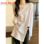 LOVER RUCCI秋季設計感長(cháng)袖t恤女中長(cháng)款小衫寬松內搭打底衫鯊魚(yú)褲上衣搭配 潮 純色-白色 M 【95-110斤】