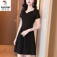 啄木鳥赫本風(fēng)短袖連衣裙女夏裝2025新款V領(lǐng)黑色職業(yè)裙子修身顯瘦小黑裙 黑色 L 建議100-115斤左右
