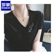 羅蒙（ROMON）品牌絲光棉短袖t恤女夏季新款女裝純棉寬松V領(lǐng)上衣雞心領(lǐng)體恤 高端品牌黑色V(印花 S-N 字母)+高檔品牌 XL