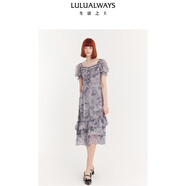 LULUALWAYS我愛露露24夏季新款復(fù)古宮廷風(fēng)印花泡泡袖中長款連衣裙 紫色 M