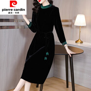 皮爾卡丹（pierre cardin）金絲絨連衣裙子女士裝春秋冬季2025年新款氣質(zhì)高端打底長袖中長裙 黑色《別致漂亮女神范今年流行氣 XL (110-120斤)