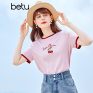 betu百圖女裝夏季精致可愛(ài)櫻桃亮片刺繡撞色短袖T恤2106T04 粉紅 XS
