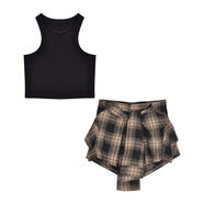 素優(yōu)米（SUYOUMI）套裝女夏季新款韓版修身顯瘦背心上衣不規則格子短褲裙兩件套 黑 兩件套=背心上衣+短褲 M 建議90-105斤