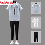 駱森馳（LUOSENCHI）翻領(lǐng)短袖t恤男士休閑套裝夏季薄款衣服男裝潮流一整套搭配三件套5 601灰色三件套 XL