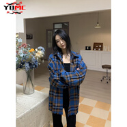 YOMC2025新款春秋美式復(fù)古格子襯衫外套女百搭休閑寬松慵懶風(fēng)情侶上衣 藍(lán)格 L 身高建議169-175