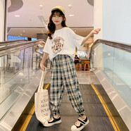 藍(lán)貝妮童裝女童夏裝2025新款洋氣兒童夏季衣服大童女裝12歲女孩運(yùn)動(dòng)套裝 白T+格子褲 150 碼建議身高140CM