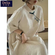 矜持范仿麻2025夏文藝復古刺繡新中式改良旗袍連衣裙小立領(lǐng)繡花裙子女 杏色 M 90-100斤