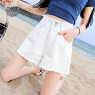 SOVK破洞牛仔短褲女2025夏季新款時(shí)尚百搭毛邊高腰寬松闊腿A字熱褲 7906白色[多扣] 30 碼[建議120-130斤]