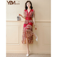 韻動(dòng)犸雪紡碎花連衣裙女夏新款輕奢紅色法式氣質(zhì)修身夏天顯瘦中長(cháng)裙子女 紅色 2XL