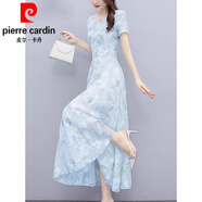 皮爾卡丹（pierre cardin）氣質(zhì)名媛碎花雪紡連衣裙女夏季2025新款漂亮?xí)r尚端莊大氣裙子針織 淺藍(lán)色 3XL 【135-152斤】