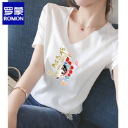 羅蒙（ROMON）品牌絲光棉短袖t恤女夏季新款女裝純棉寬松V領(lǐng)上衣雞心領(lǐng)體恤 高端品牌白色V(印花 小女孩京戲臉)+高檔品牌 XL