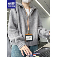 羅蒙（ROMON）灰色連帽帶帽雙拉鏈毛衣外套女秋冬帽衫加厚外搭短款針織開衫 灰色 均碼 -90-130斤