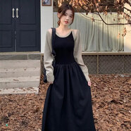 愷吉銳初秋純欲風(fēng)兩針織背心連衣裙長(cháng)袖披肩開(kāi)衫套裝女 卡其外套+黑色連衣裙 高 XL