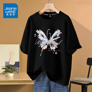 真維斯（JEANSWEST）時尚短袖t恤女學(xué)生可愛甜美學(xué)院女裝ins風(fēng)夏季新款純棉寬松上衣服 黑色 淡彩蝴蝶 2XL