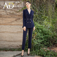 AD高端西裝套裝女英倫風(fēng)雙排扣西服職業(yè)裝韓版時(shí)尚藏青色商務(wù)正裝 藏青色西裝+褲子 XL