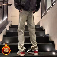 衣然呈品水洗做舊復(fù)古修身牛仔褲男春夏季新款直筒美式高街休閑長褲子男褲 黃泥色【系帶加絨】 M【建議95-115斤】